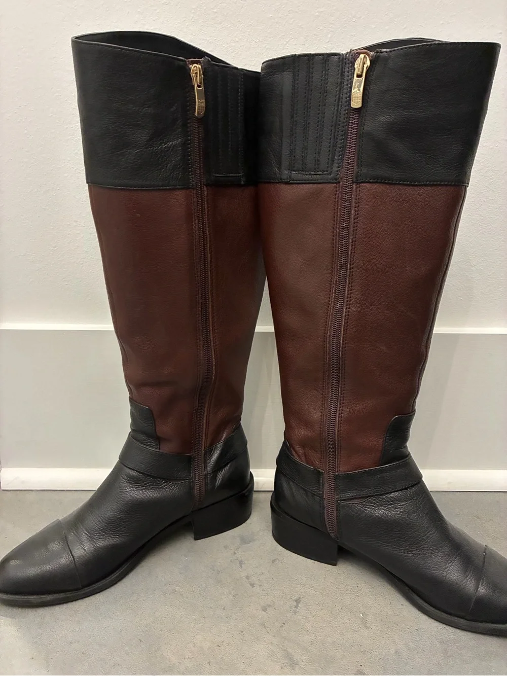 Vince Camuto Two-Tone Black and Brown Over-the-Knee Leather Boots